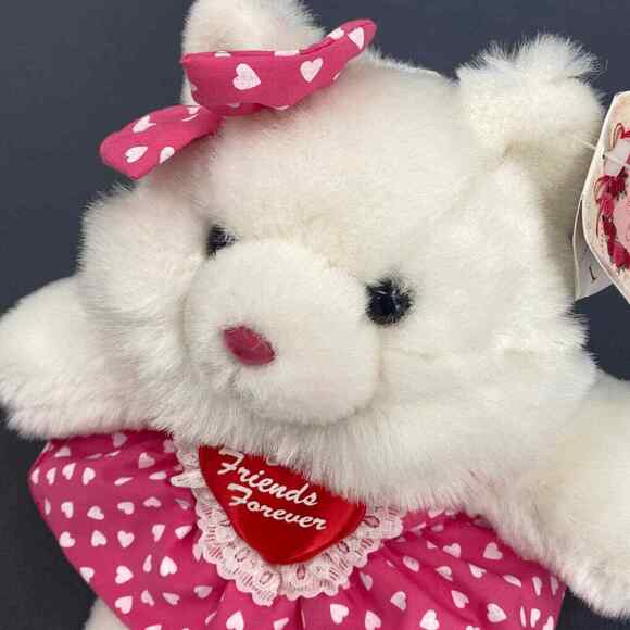 VTG Valentine Teddy Bear Plush Stuffed Animal White Pink Hearts Skirt 12" New - Picture 2 of 12